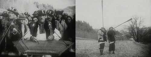 Figure 3. Hutsuls playing the tsymbaly (left) and the trembita (right). Stills from The Liberation.