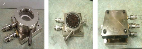 FIGURE 1 (A) the DTF filled with canola seeds; (B) bottom half of DTF with new spacer on top; and (C) gently closed the DTF using top and bottom halves with canola seed inside.