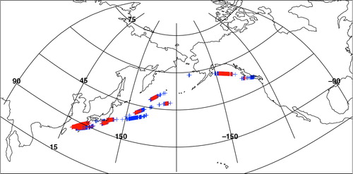 Fig. 9 Location of O3 mixing ratios <30 ppbv shown by blue crosses and O3 <25 ppbv shown by red crosses.