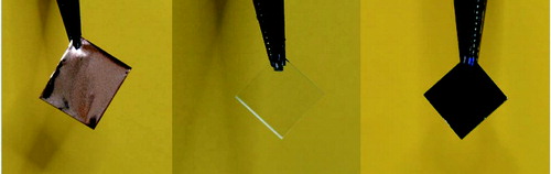 Figure 1. Optical image of graphene on Cu (a), glass (b) and SiO2/Si (c).