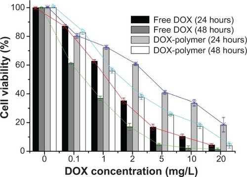 Figure 10 Free doxorubicin (DOX) and DOX-loaded poly(β-amino ester)-g-poly(ethylene glycol) methyl ether-cholesterol (PAE-g-MPEG-Chol) micelles in HepG2 cells for 24 hours or 48 hours in concentration specified.