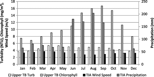 Figure 12. Monthly climatologies of bay-wide turbidity and chlorophyll, and Tampa International Airport precipitation and wind speed.