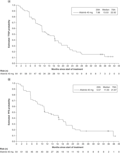 Figure 2. Time to symptomatic progression and progression-free survival in the biomarker cohort. (A) Median TTSP and (B) median PFS in the overall biomarker cohort (n = 64).PFS: Progression-free survival; TTSP: Time to symptomatic progression.