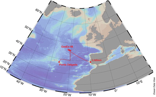 Fig. 1 Map showing the cruise track of the second leg of GasEx-98, where the 3He/SF6 experiment was conducted. The cruise left from Lisbon, Portugal on 25 May 1998, and arrived in Ponta Delgada, Portugal on 26 June 1998.