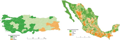 Figure 2. Human Development Index levels of Turkish provinces (left)Footnote139 and Mexican municipalities (right), 2010.Footnote140