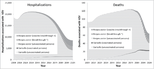 Figure 2. Hospitalizations and deaths associated with varicella zoster virus over time. + vaccine breakthrough = reactivation of vaccine virus after varicella vaccination. *breakthrough = reactivation of wild virus after varicella infection in vaccinated individuals.