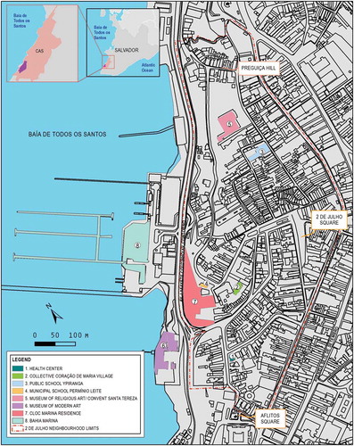 Figure 1. ‘Localisation of 2 de Julho Neighbourhood, Salvador’s Old Centre (CAS), Salvador (BA)’. Source: based on map of Salvador (Datum: SAD 69 UTM Zona 24s) and primary research data collected in 2014–15 by 2 de Julho Neighbourhood Planning Project.