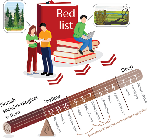 Figure 1. Analytical framework: the assessors’ perceptions of how the forest and peatland sections of the Red Lists of Ecosystems leverage sustainability changes in the Finnish social-ecological system. The bidirectional arrows represent an example of potential interactions between leverage points that we studied through co-codings. Full names of leverage points are given in Table 1.