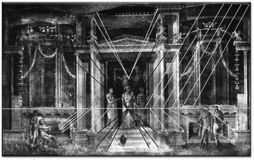 Figure 10. Pompeiian mural of the pageant of Orestes, 1st century AD. Black lines: perspective projection, white lines: approximate parallel projection