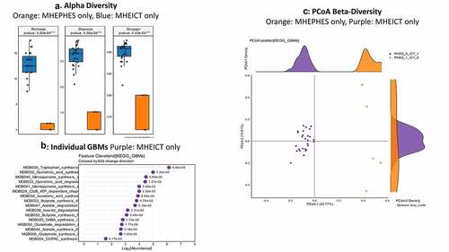 Figure 6. Gut brain module comparison between patients with MHEICT-only (n = 35) versus MHEPHES only (n = 6) 1A: Alpha diversity analyses showed significantly higher diversity in the MHEICT only group compared to MHEPHES only group 1B: Cleveland plot derived from Metastats comparison 1 C: PCoA showing a significant separation between groups