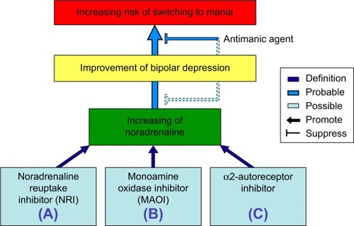 Figure 1 Schematic illustration showing the improvement or switching pathways induced by various antidepressants affecting the levels of noradrenaline.