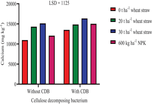 Figure 10. Effects of humic acid and cellulose decomposing bacterium interaction on soil exchangeable calcium.