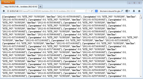 Figure 10. Example web service result showing Stage IV precipitation JSON return.