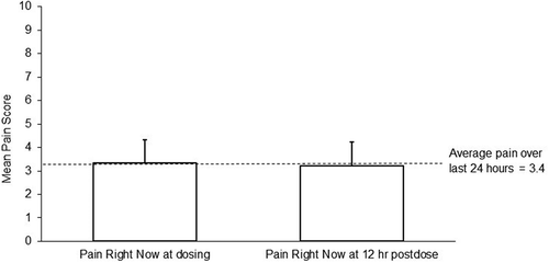 Figure 2. Mean ‘Pain Right Now’ score recorded daily immediately prior to dosing and at 12 hours postdose and mean ‘Average Pain Over the Last 24 Hours’ score during the first 3 months of the maintenance period (dashed line). Error bars represent the standard deviation.