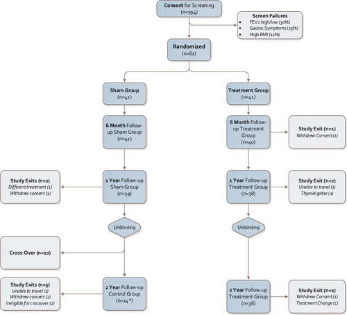 Figure 1 AIRFLOW-2 Study Subject Flow at major study timepoints with sample size numbers denoted in parentheses. Subjects were unblinded at the 1-year follow-up appointment and those in the sham-control group were offered the opportunity to cross-over and undergo the TLD procedure. Cross-over subjects (n=20) underwent the TLD procedure between the 1st and 2nd year follow-up visits. All other sham-control patients completed the 2-year follow-up visit, creating the control group (n=14). *Three patients unable to participate in the in-person follow-up visit for the control group (n=11 for pulmonary function tests).