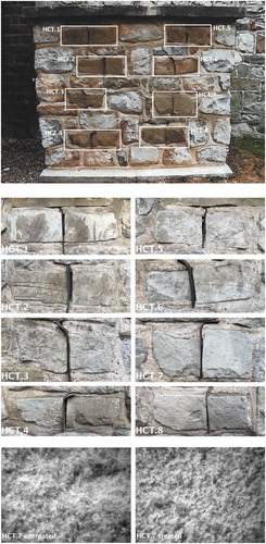 Figure 4. HCT trial wall at ToL. Top: shortly after treatment in 2001 (dark surfaces due to residual moisture following treatment). Middle: individual stones in 2018 (each stone treated on right hand side only). Bottom: micrograph taken with Dinolite USB microscope, showing consolidation of treated surface.