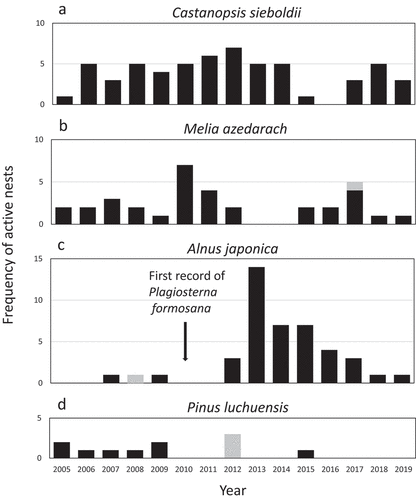 Figure 6. Annual changes in the number of active nests in Castanopsis sieboldii (a), Melia azedarach (b), Alnus japonica (c), and Pinus luchuensis (d). Gray bar: Nest trees that were artificially killed (i.e. topped or girdled). Alnus japonica trees that died after an outbreak of the exotic leaf beetle, Plagiosterna formosana which was first recorded in Okinawa in 2010