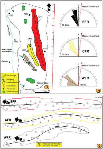 Figure 4. (a) Morphotectonic map for the fissure ridge area of Başkale basin. (b) The rose diagram shows the azimuthal distribution of fissure ridge long axes and the strike of the master normal faults. (c) Strike of the main fissure at the top of the ridge measured at the indicated positions along the fissure ridge.