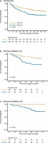 Figure 2. Kaplan-Meier estimates of overall survival according to Hist-Immune signature in the (a) training, (b) internal validation, and (c) external validation sets