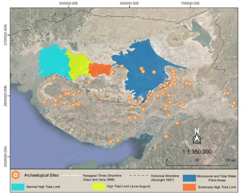 Figure 2. Harrapan archaeological sites and paleo-shoreline in the Holocene period. The dotted black line represents the shoreline proposed by Siveright (1907). The white dotted line represents the CitationGaur and Vora (1999) shoreline deciphered from the positioning of the Harrapan sites during the Middle to Late Holocene. Present-day tidal incursion limits in Kachchh have been derived from the MNDWI indices from LANDSAT-8 data (https://earthexplorer.usgs.gov/.).