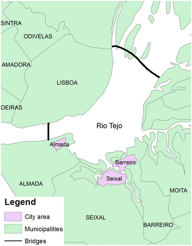 Figure 3. Location of Barreiro city and access routes between Barreiro and Lisbon.