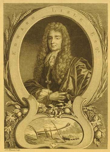 Figure 1. Portrait of the agriculturist Edward Lisle (b. abt. 1666–1722) on the frontispiece of ‘Observations in Husbandry’ (1757) – his posthumously compiled works. Illustrated by S. F. Ravent Sculp. Attribution: image asset no. 1546030001 from The British Museum. © The Trustees of the British Museum.