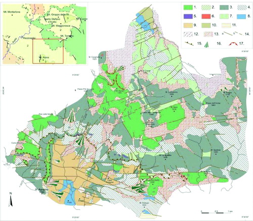 Figure 5. Geologic and Geomorphologic map; (1) Serpentinites and peridotites; (2) Serpentinitic breccias; (3) Basalts; (4) Polygenetic breccias; (5) Cherts; (6) Granites; (7) Ophiolitic sandstones; (8) Shales with limestone layers; (9) Clayey marls; (10) Marly limestones; (11) Siltstones and sandstones; (12) Periglacial deposits; (13) Gravity deposits; (14) Faults, certain (a) or assumed (b); (15) Overthrust; (16) Polygenetic fan; (17) Edge of degradation or landslide scarp. Top left: Tectonic Unit map (Citation1 Mt. Gottero; Citation2 Ottone; Citation3 Mt. Aiona; Citation4 Mt. Orocco; Citation5 Canetolo; Citation6 Aveto).