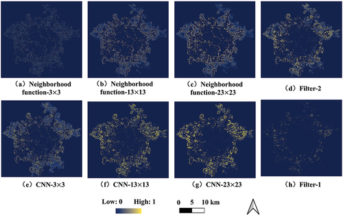 Figure 13. Spatial distributions of the NTPs based on different neighborhood functions, CNNs and gate filters. (a-c) neighborhood functions with neighborhood size: 3, 13 and 23. (e-g) CNNs with neighborhood size: 3, 13 and 23. (d, h) Filter-2 and Filter-1.