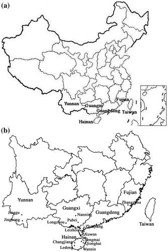 Figure 1. Map showing the distribution of pineapple mealybug in mainland of China. (a) Distribution of pineapple mealybug in China, (b) Distribution of tested sample.