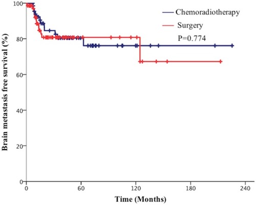 Figure 3 Comparison of brain metastasis free survival (BMFS) of patients with limited-stage small cell lung cancer (SCLC) between the surgical group and chemoradiotherapy group.