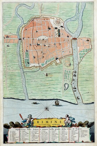 Figure 5. Rimini in 1663, coloured engraving (from CitationJoan Blaeu, Theatrorum civitatum et admirandorum Italiae, 1596-1673).