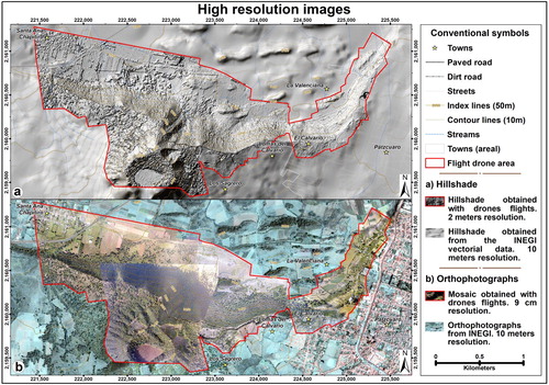 Figure 6. Mosaics of high-resolution images obtained from drone flights. The areas outside of the red polygon are references of the contrast in resolution of the information previously available for the study area. (a) Hillshade model; and (b) Rectified orthomosaic.
