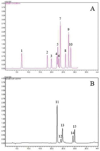 Figure 3. HPLC chromatogram of phenolic standards at 280 nm (A) and 251 nm (B). Peaks: 1 gallic acid; 2 catechin; 3 chlorogenic acid; 4 vanillic acid; 5 caffeic acid; 6 epicatechin; 7 syringic acid; 8 syringaldehyde; 9 ferulic acid; 10 ferulic acid; 11 rutin; 12 ellagic acid; 13 myricetin; 14 quercetin; 15 juglone.