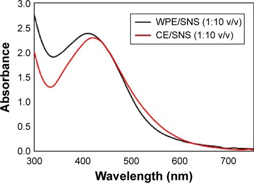 Figure 6 Evaluation of stability of synthesized AgNPs by using UV–vis spectroscopy after 2 months of incubation of reaction mixtures.Abbreviations: AgNPs, silver nanoparticles; UV–vis, ultraviolet–visible; CE, callus extract; SNS, silver nitrate solution; WPE, whole plant extract.