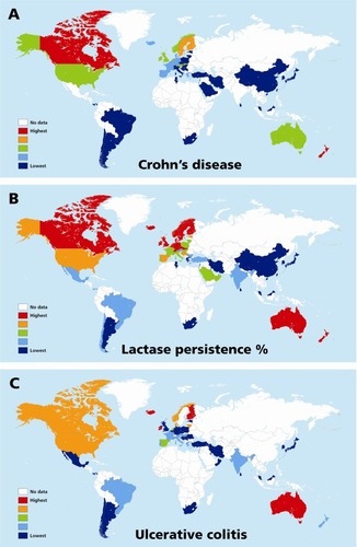Figure 4 Maps of the world showing distributions of incidence of quintiles of inflammatory bowel disease, ie, Crohn’s disease, (A) ulcerative colitis (C) and percentage lactase persistence (B).