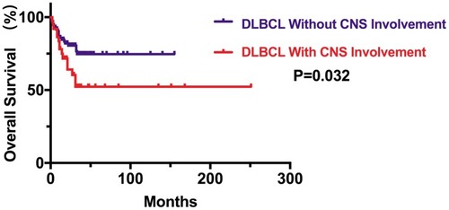 Figure 3 Kaplan–Meier curve of OS time between 38 DLBCL patients with CNS involvement (SCNSL) and 100 DLBCL patients without CNS involvement.