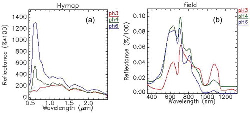 Fig. 5 (a) HyMap spectra of the end-members mapped as pH associated with water at the first input of intensely contaminated water in the river. (b) Field spectra of water with different pH measured in the field at the first input of intensely contaminated water in the river.