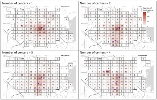 Figure 8. Synthetic demand patterns. Spatial distribution of destinations for different number of centres (kt = 1.5 and kc = 1.5).