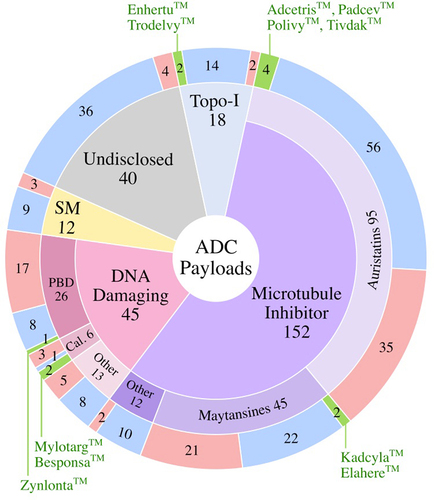 Figure 7. Payloads Used in Clinically Tested ADCs. Numbers of ADCs corresponding to the type of payload are shown are shown in the outer ring for the FDA-approved ADCs (green), active ADCs (blue), and discontinued ADCs (red) sectors. Topo-I, Topoisomerase I Inhibitor; SM, targeted small molecules; PBD, pyrrolobenzodiazepine; Cal., calicheamicin.