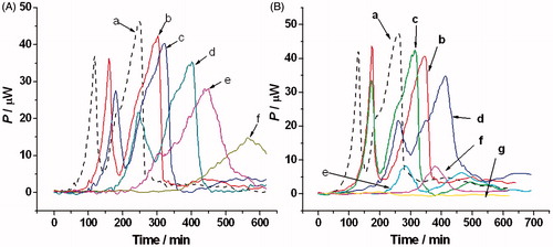 Figure 2. The thermogenic curves of Candida albicans (P–t curve) in the presence of ECZ and MIZ. (A) The concentrations of ECZ are 0, 8, 16, 20, 28, and 40 μmol L−1. (B) The concentrations of MIZ are 0, 4, 8, 16, 20, 28, and 40 μmol L−1. The thermogenic curve of C. albicans without ECZ is displayed in dash line.