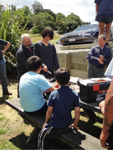 Figure 7 Whānau members with scientists from the National Institute of Water and Atmospheric Research at an eel wānanga at Moeraki Marae (photograph courtesy of K. Nelson).