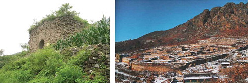 Figure 6. Photograph of Damaoshan Fortress.Left: Entrance to Damaoshan Fortress (Source: Photo by Author 2010). Right: Bird’s-eye view of Damaoshan Fortress (Source: Photo by Li Zhanyi Citation2005).