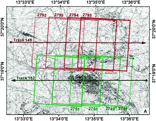 Figure 5. Coverage, tracks and frames of the eight aerial photographs at scale 1:8000 used for stereographic photo-interpretation in Agrigento.