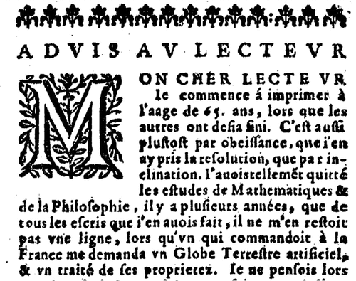 Figure 1. The beginning of the Avis au Lecteur, taken from Jean François, La Science de la Géographie, 1652. The printed text of La Science des Eaux is similar in fonts and spellings. Copied from the version available on Gallica of the Bibliothèque Nationale de France (available at https://galica.bnf.fr, accessed 27.08.2023).