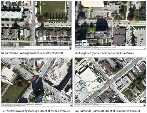 Figure 4. Burnaby department of engineering (17 June 2019) proposed locations for four town-center rainbow crosswalks: (i) Brentwood (Willingdon avenue at Albert street close to confederation Center, McGill Library, and Eileen Dailly Pool); (ii) Lougheed (Cameron Street at Erickson Drive adjacent to the Cameron Community Center); (iii) Metrotown (Kingsborough Street at Mckay Avenue close to Bob Prittie Library); (iv) Edmonds (Edmonds Street at Humphries Avenue adjacent to the Edmonds Community Center) (Source: City of Burnaby, Citation2019c).
