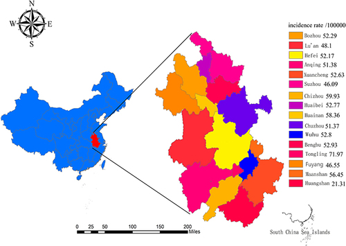 Figure 3 Geographic distribution of the average annual incidence of pulmonary tuberculosis in Anhui province, 2013–2020.