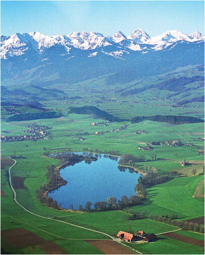 Figure 6. Gerzensee, a kettle-hole lake on the Swiss Plateau at 603 m elevation (46.83°N, 7.55°E). This site has been the focus of detailed studies on rapid warming and associated biotic changes in the late-glacial and early Holocene (Ammann and Oldfield Citation2000; Ammann et al. Citation2013a, Citation2013b, Citation2013c), for example the study summarised in Figure 7. The Bernese Alps are in the background. Photograph: AF Lotter.