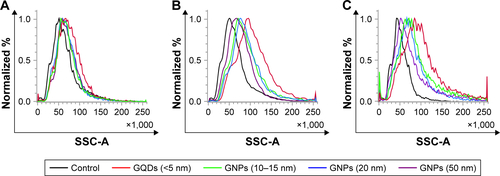 Figure S4 Flow cytometry side scattering intensity (SSC-A) histograms of U87 glioma cells exposed to GQDs (<5 nm), GNPs (10–15 nm), GNPs (20 nm), and GNPs (50 nm) at 100 nM concentrations at 4 hours (A), 12 hours (B), and 24 hours (C) incubation time.Abbreviations: GQD, gold quantum dot; GNP, gold nanoparticle.