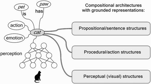 Figure 2. Left: The neural representation of cat, grounded in perception, emotion, action, associations and semantic relations. Right: Grounded in situ representations are embedded in several specialised architectures, needed for specific-compositional structures.