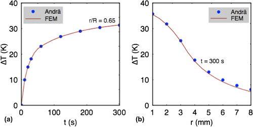 Figure 5. Comparison of the temperature change as function of: (a) the radial spread and (b) time at a point r/R=0.65 from the center of the nanocomposite, R=3.15 mm after 300 s of heating between analytical model (Andrä et al., Citation1999) and our numerical model.